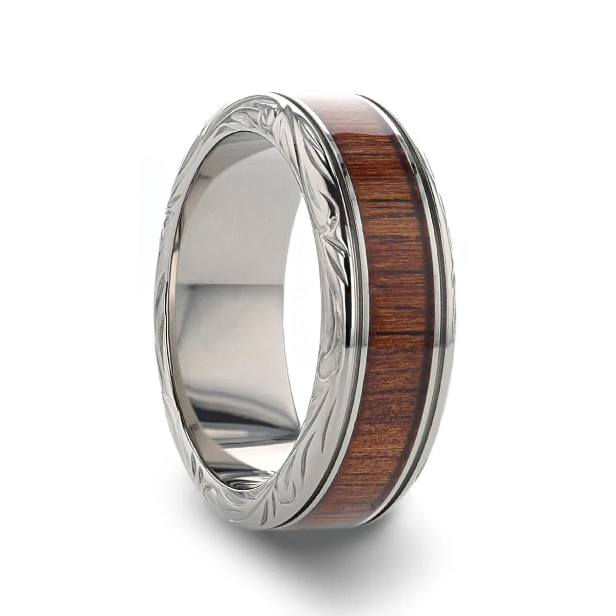 OHANA | Silver Titanium Ring, Koa Wood Inlay, Stepped Edge