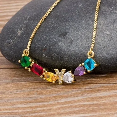 Rainbow Necklace with Initial A-Z for Women and Men in Gold Color