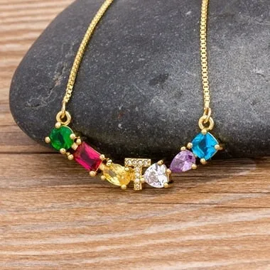 Rainbow Necklace with Initial A-Z for Women and Men in Gold Color