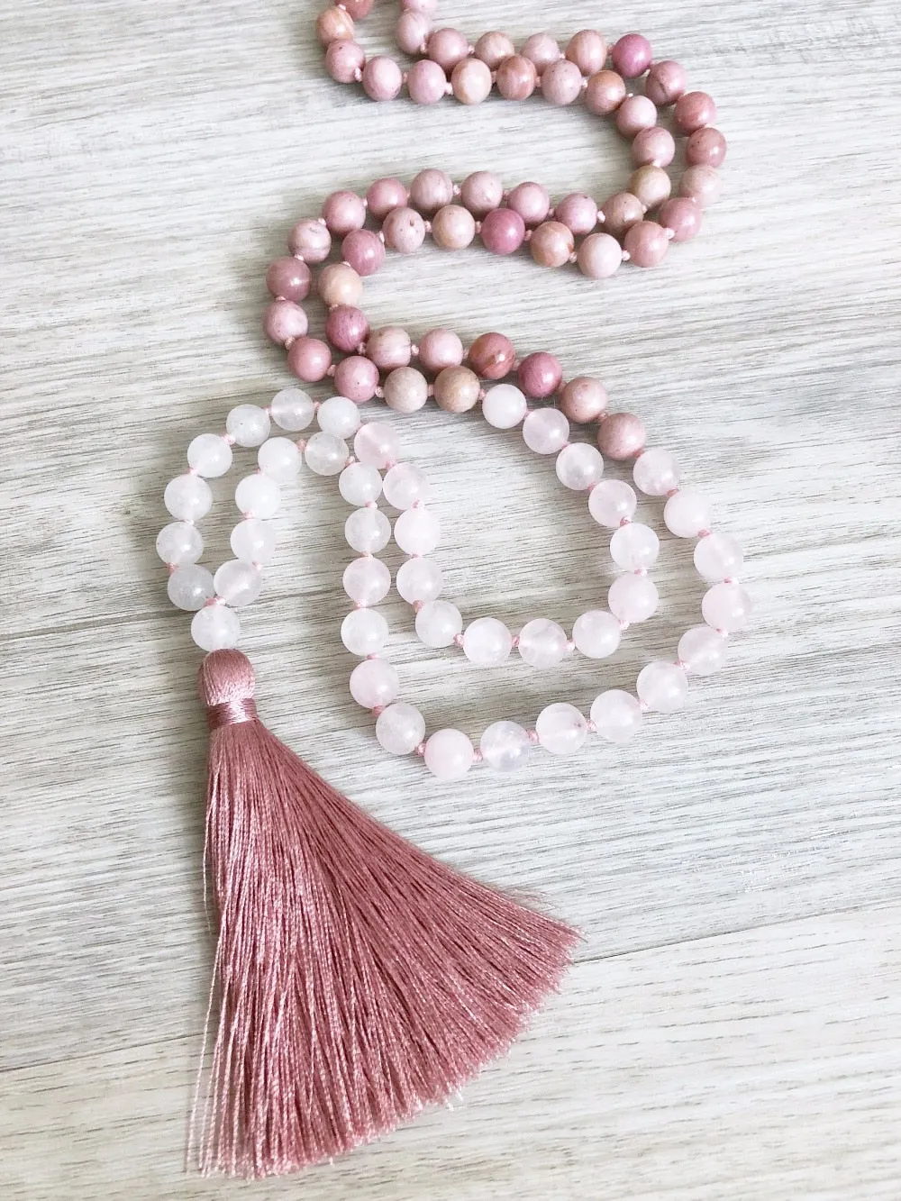 Rose Quartz Necklace 108 Mala Beads Necklace Hand Knotted Necklaces Teasel Necklaces Prayer Meditation Beads