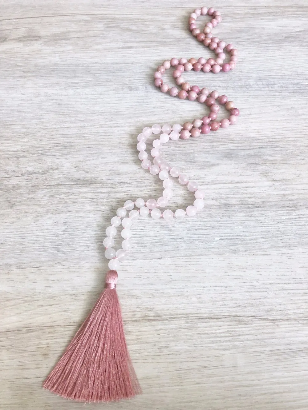 Rose Quartz Necklace 108 Mala Beads Necklace Hand Knotted Necklaces Teasel Necklaces Prayer Meditation Beads