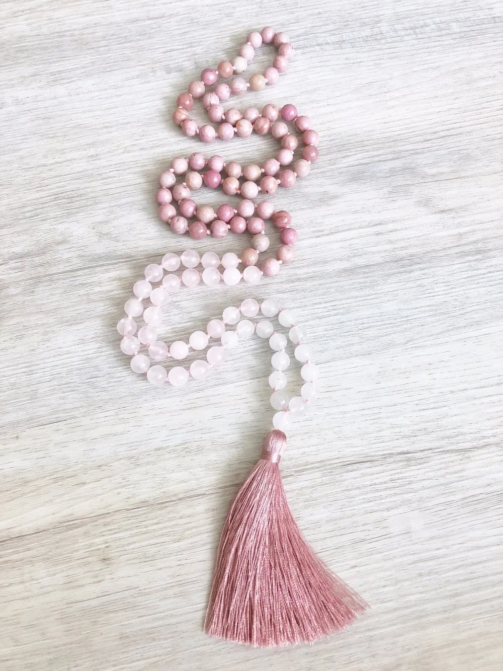 Rose Quartz Necklace 108 Mala Beads Necklace Hand Knotted Necklaces Teasel Necklaces Prayer Meditation Beads