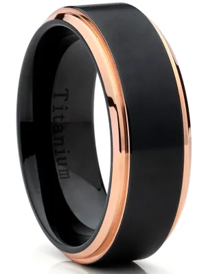 Rose Tone / Black Titanium Ring Wedding Band, Engagement Ring, High Polish Beveled Edge Ring