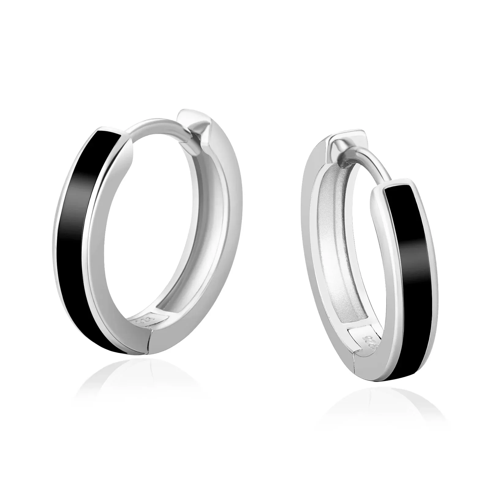 S925 Silver Sleek Black Hoop Earrings in White Gold - 15mm