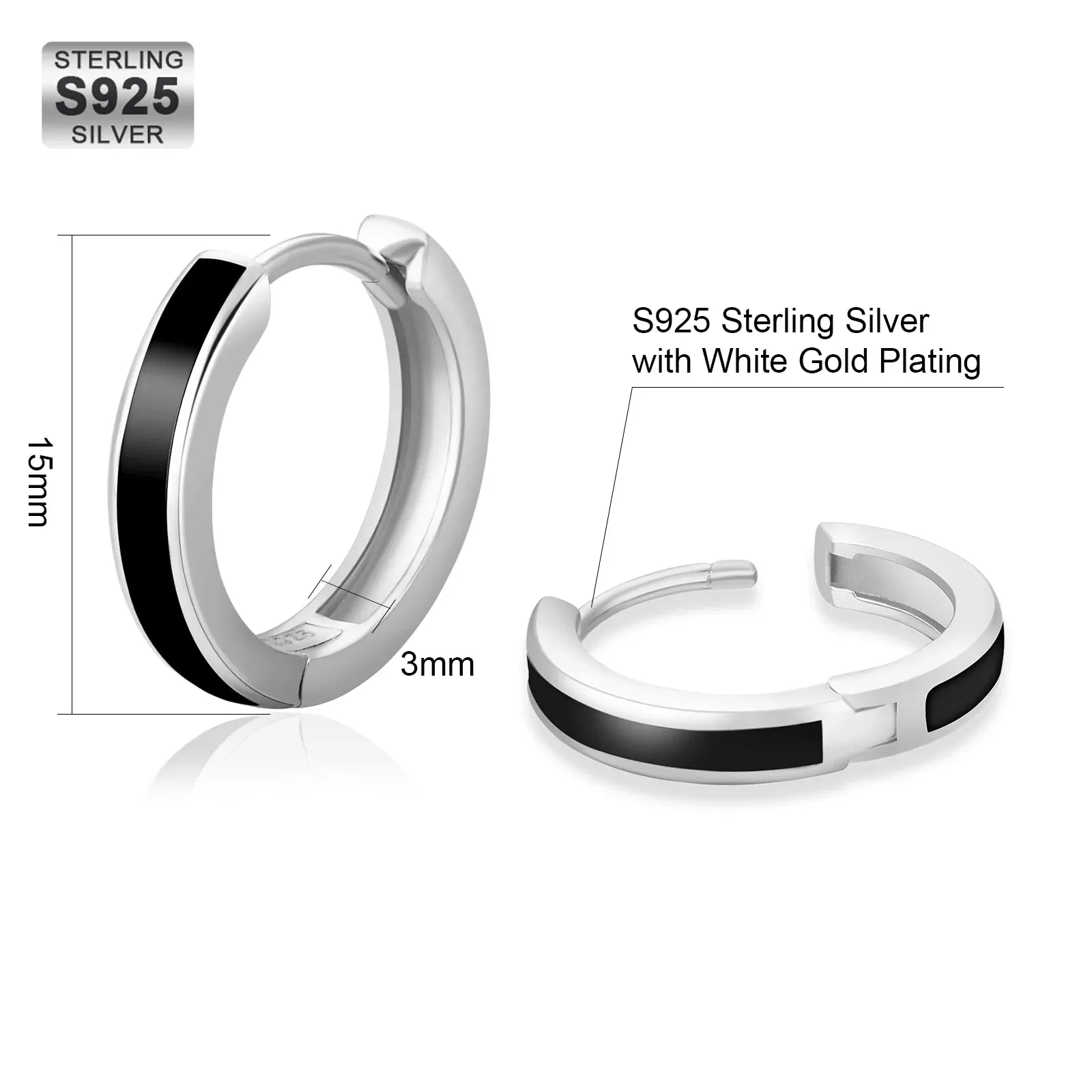 S925 Silver Sleek Black Hoop Earrings in White Gold - 15mm