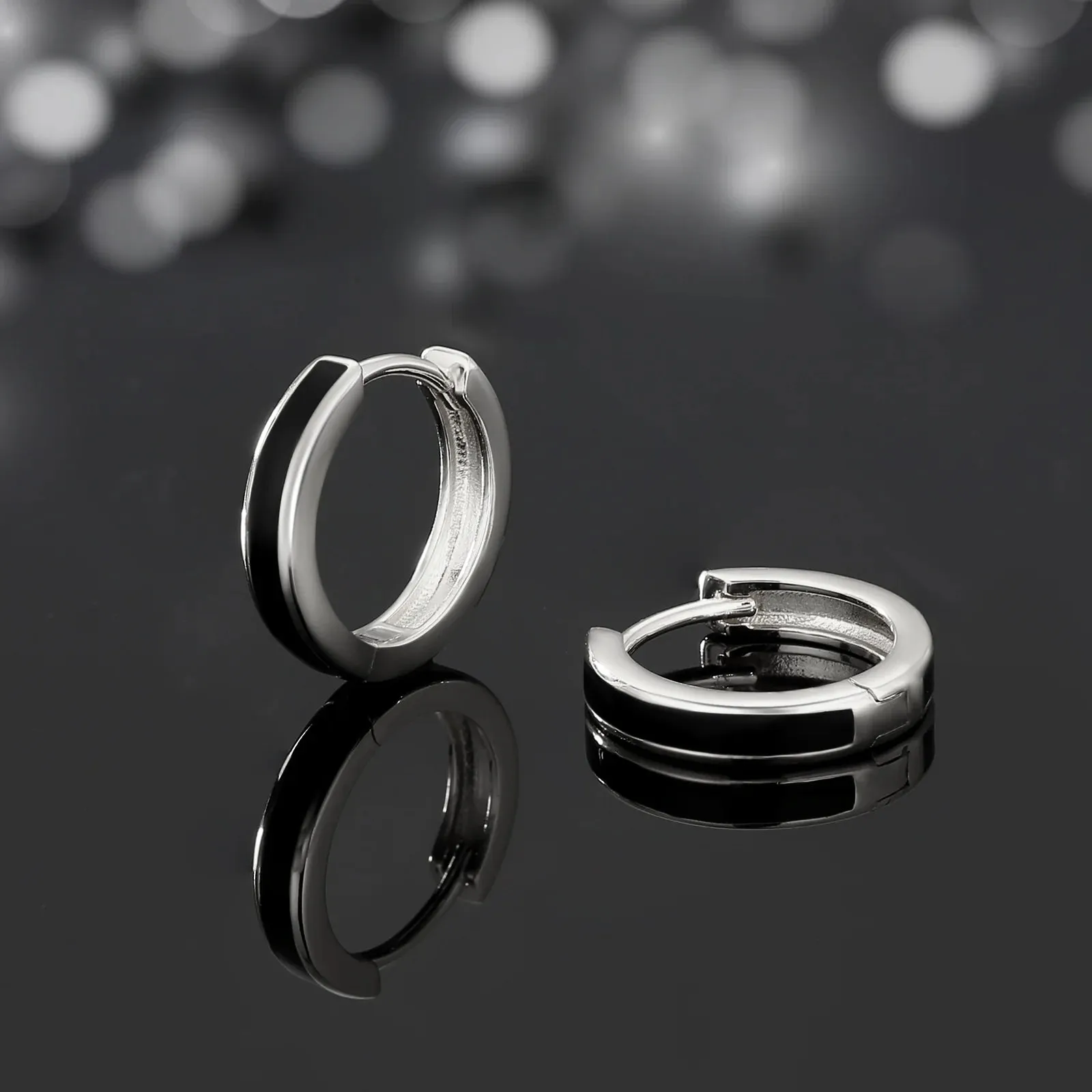 S925 Silver Sleek Black Hoop Earrings in White Gold - 15mm