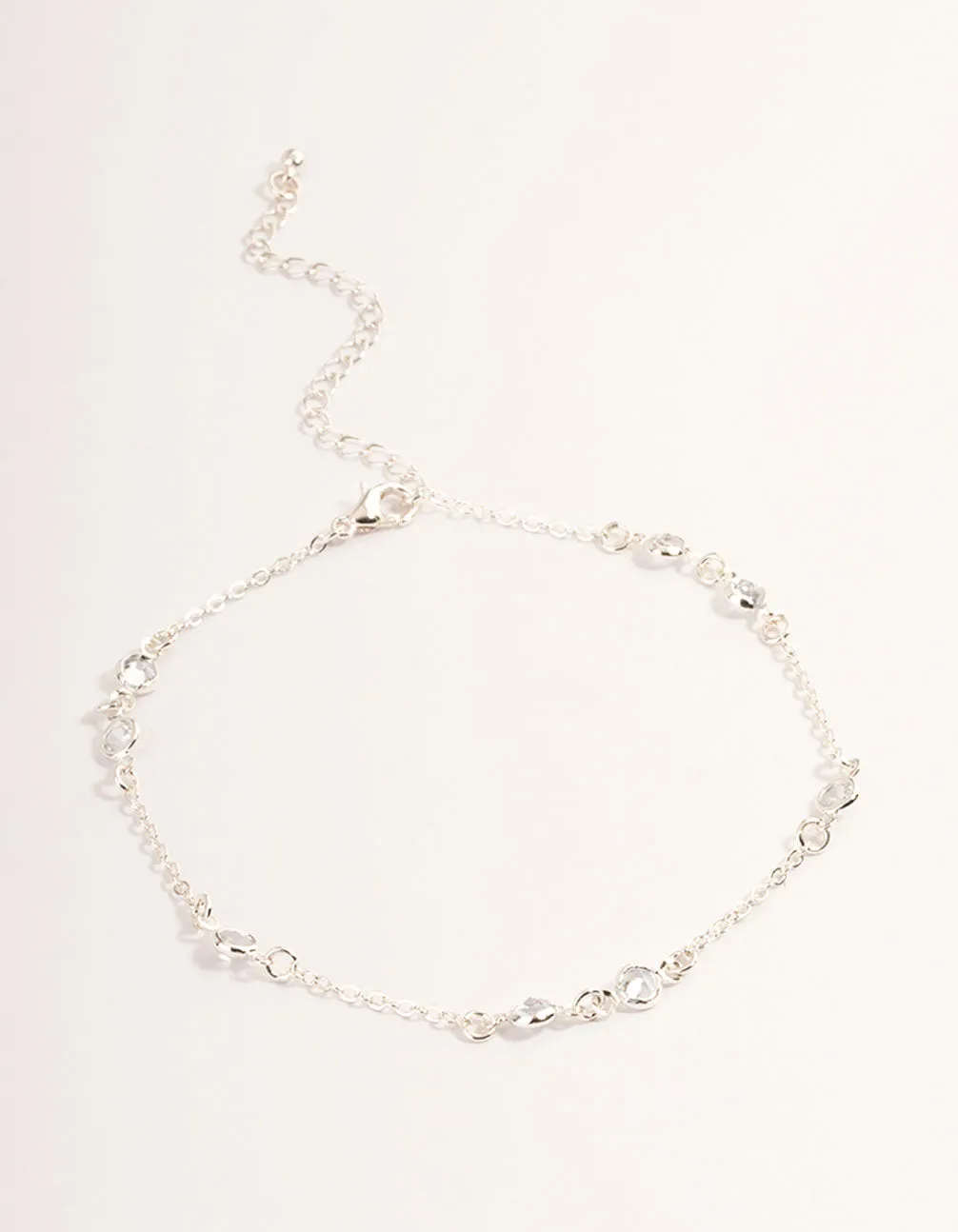 Silver Cubic Zirconia Station Anklet