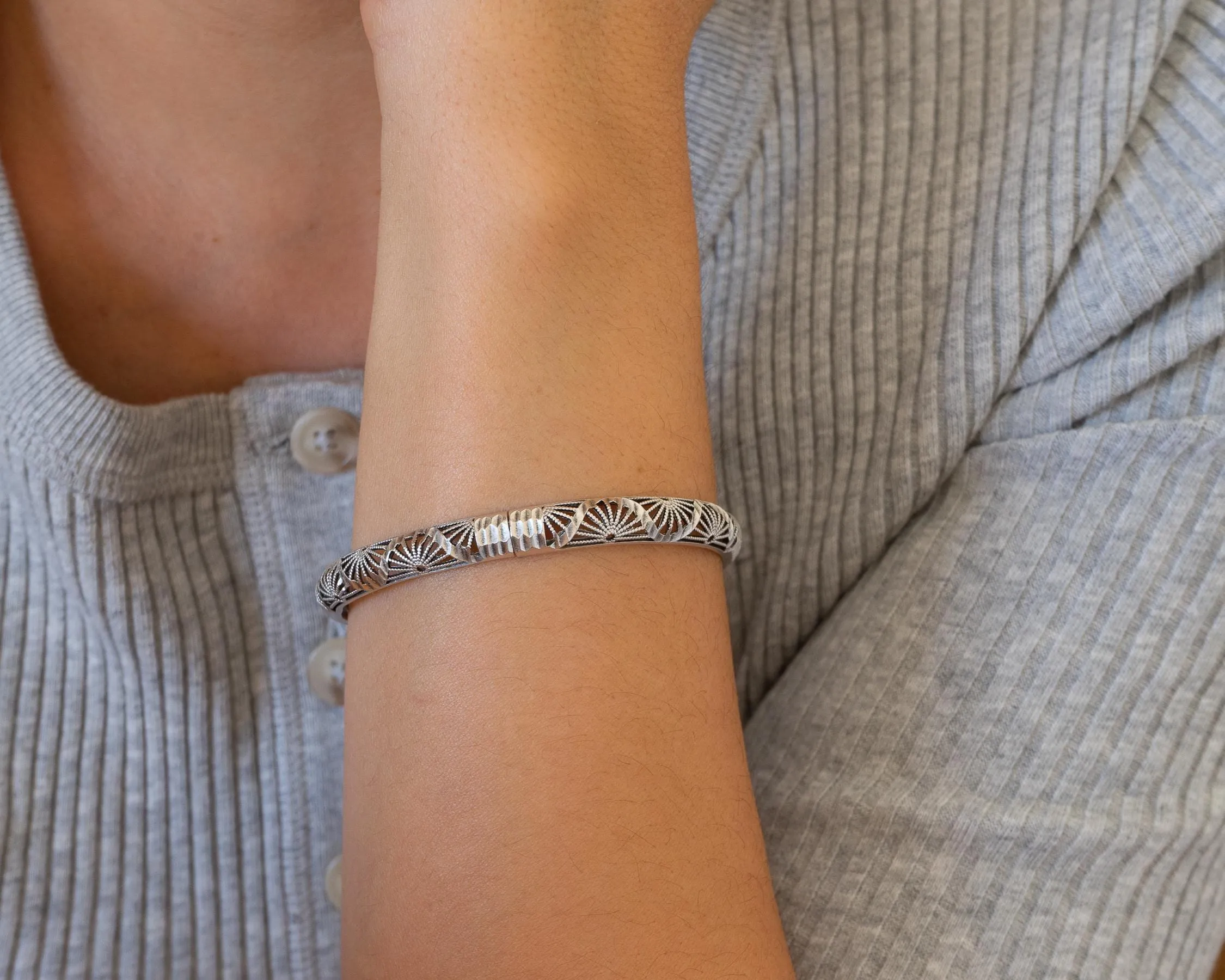 Silver Perforated Floral Bangle Bracelet