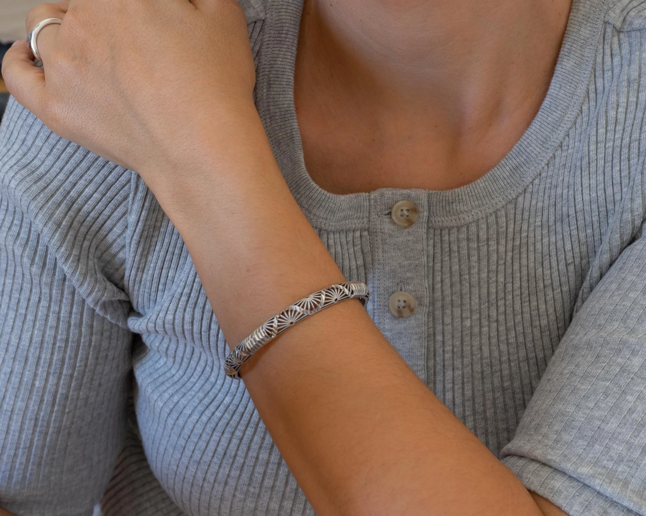 Silver Perforated Floral Bangle Bracelet