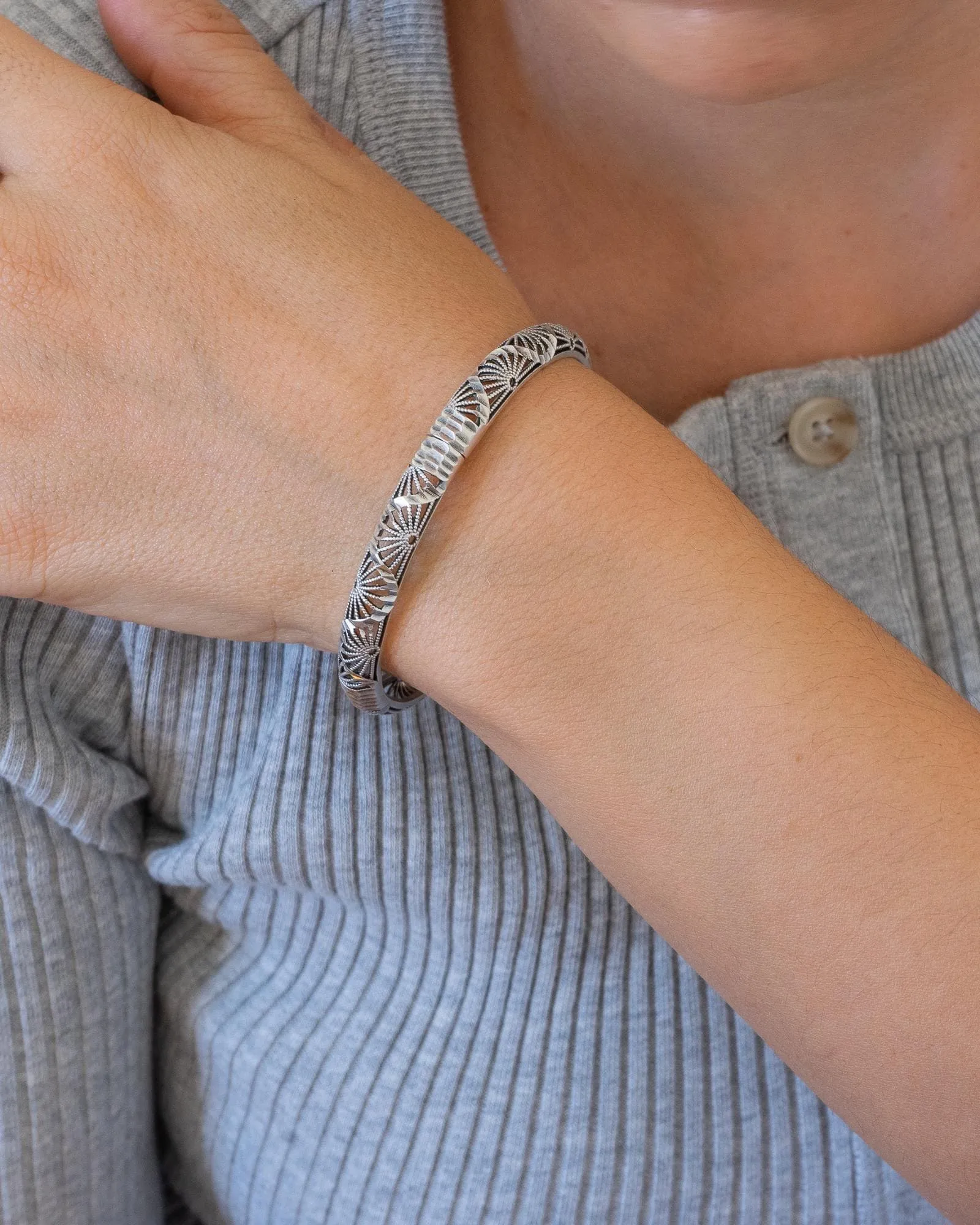 Silver Perforated Floral Bangle Bracelet