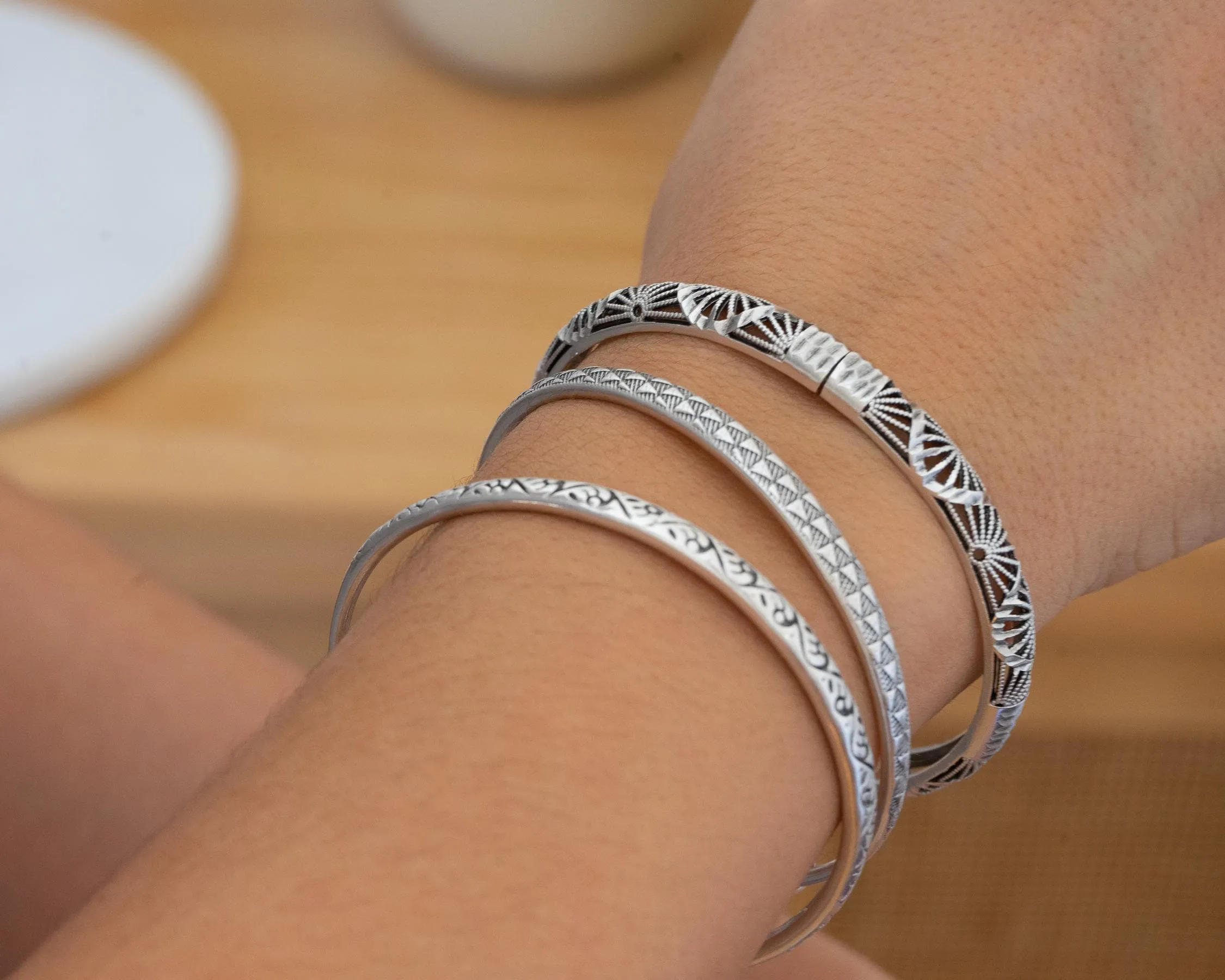 Silver Perforated Floral Bangle Bracelet