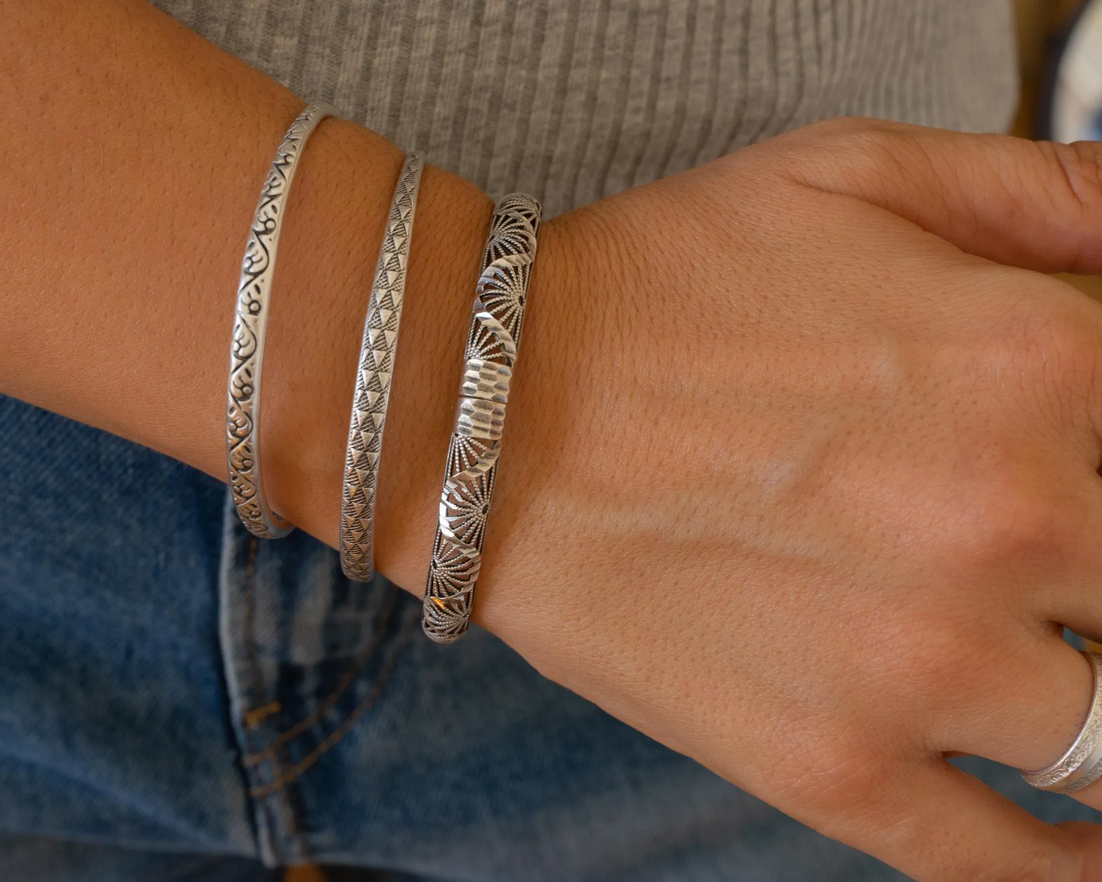 Silver Perforated Floral Bangle Bracelet