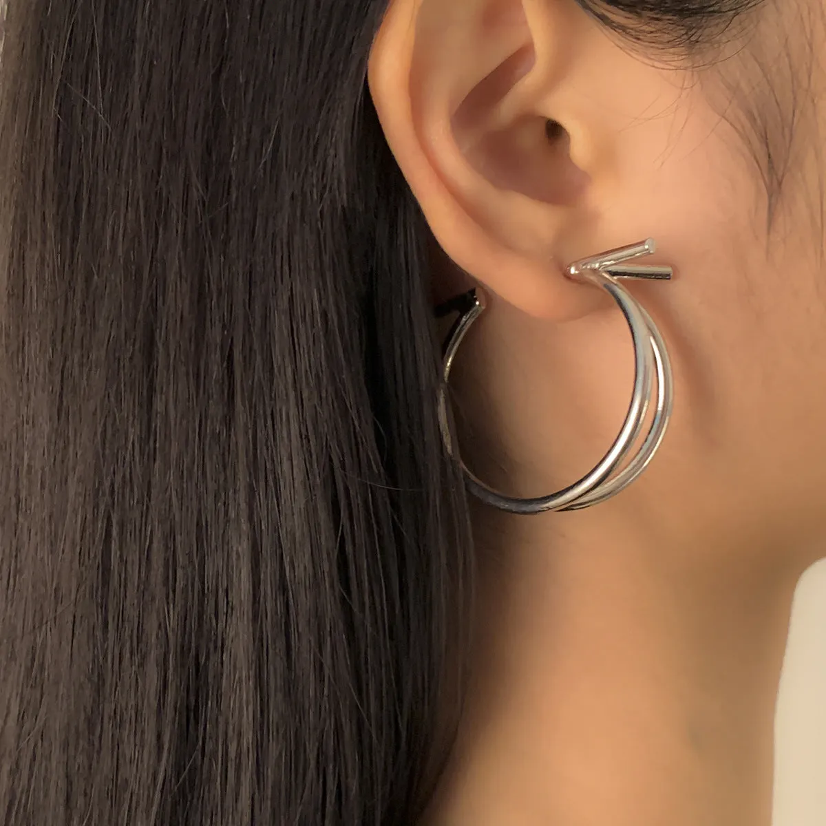 Sleek Crescent-Shaped Earrings with Geometric Cutouts and Three-Dimensional Design for Women