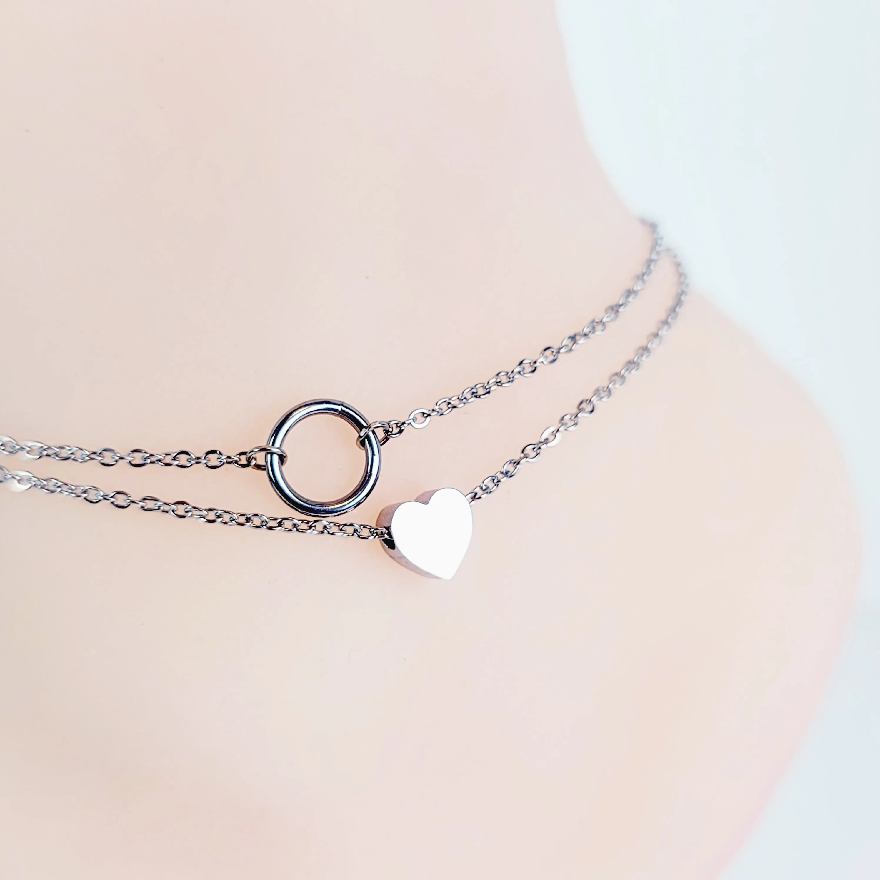 Stainless Steel Circle of O and Heart Double Strand Anklet. Discreet Anklet Day Collar for BDSM Submissive.