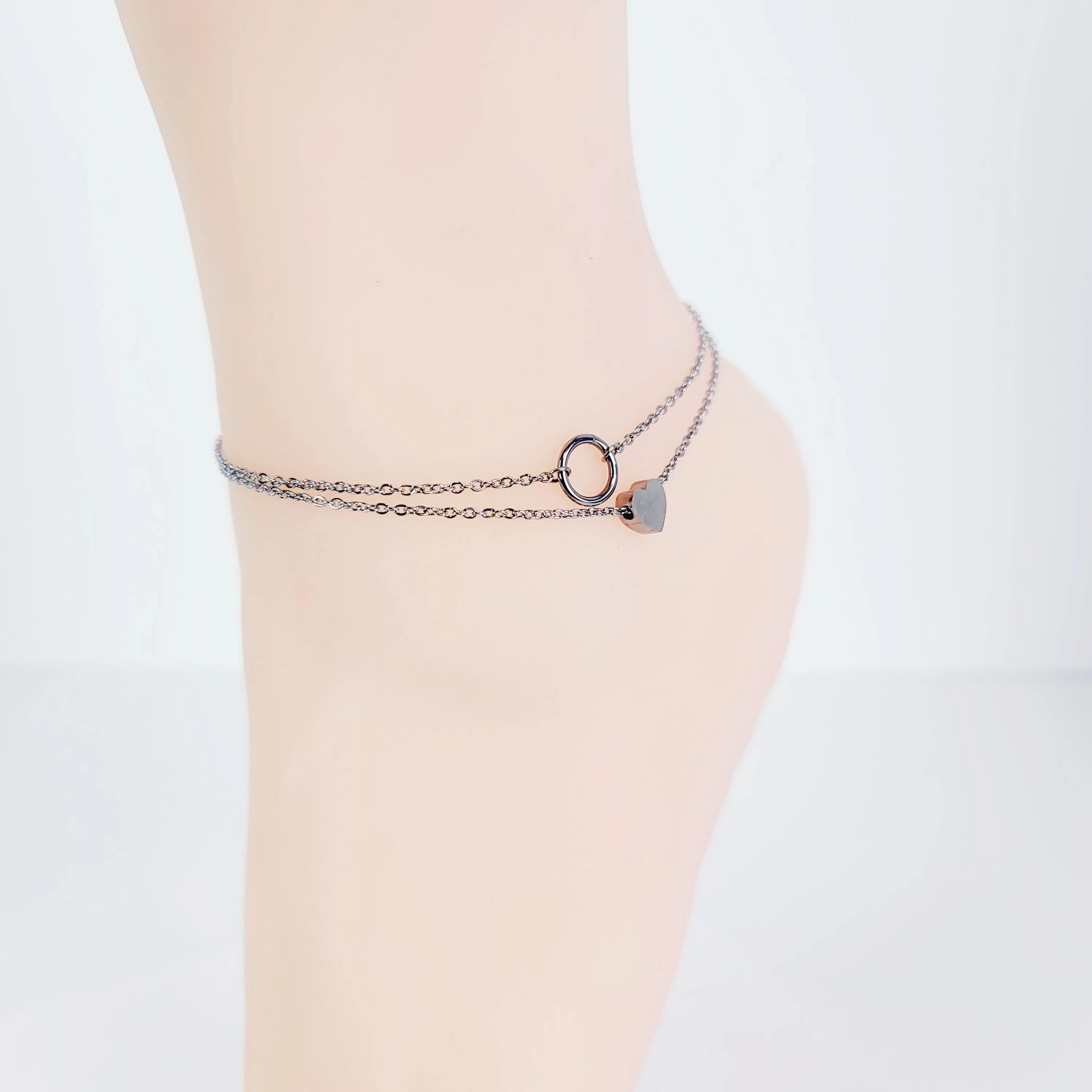 Stainless Steel Circle of O and Heart Double Strand Anklet. Discreet Anklet Day Collar for BDSM Submissive.