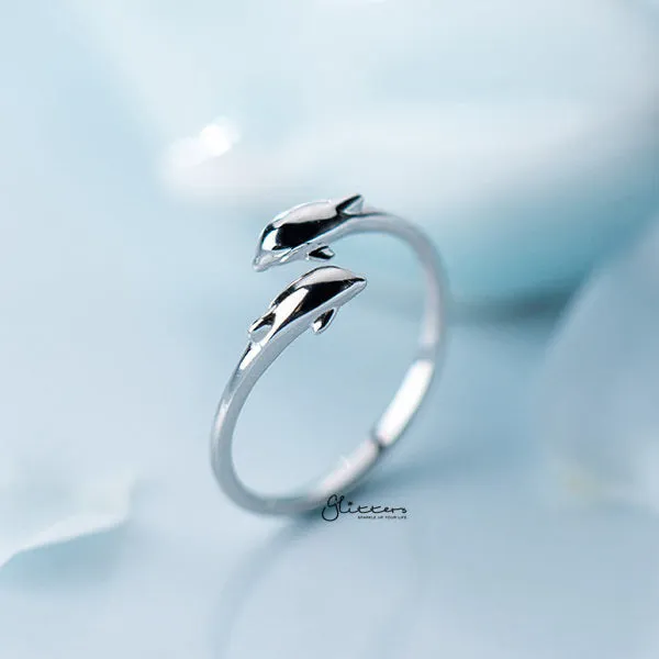 Sterling Silver Double Dolphins Opening Adjustable Ring