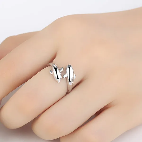 Sterling Silver Double Dolphins Opening Adjustable Ring