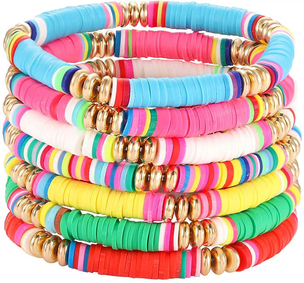 Surfer Heishi Bracelets for Women Stackable Rainbow Vinyl Disc Beaded Stretch Bracelets Elastic Layering Friendship Bracelets Boho Summer Beach Jewelry