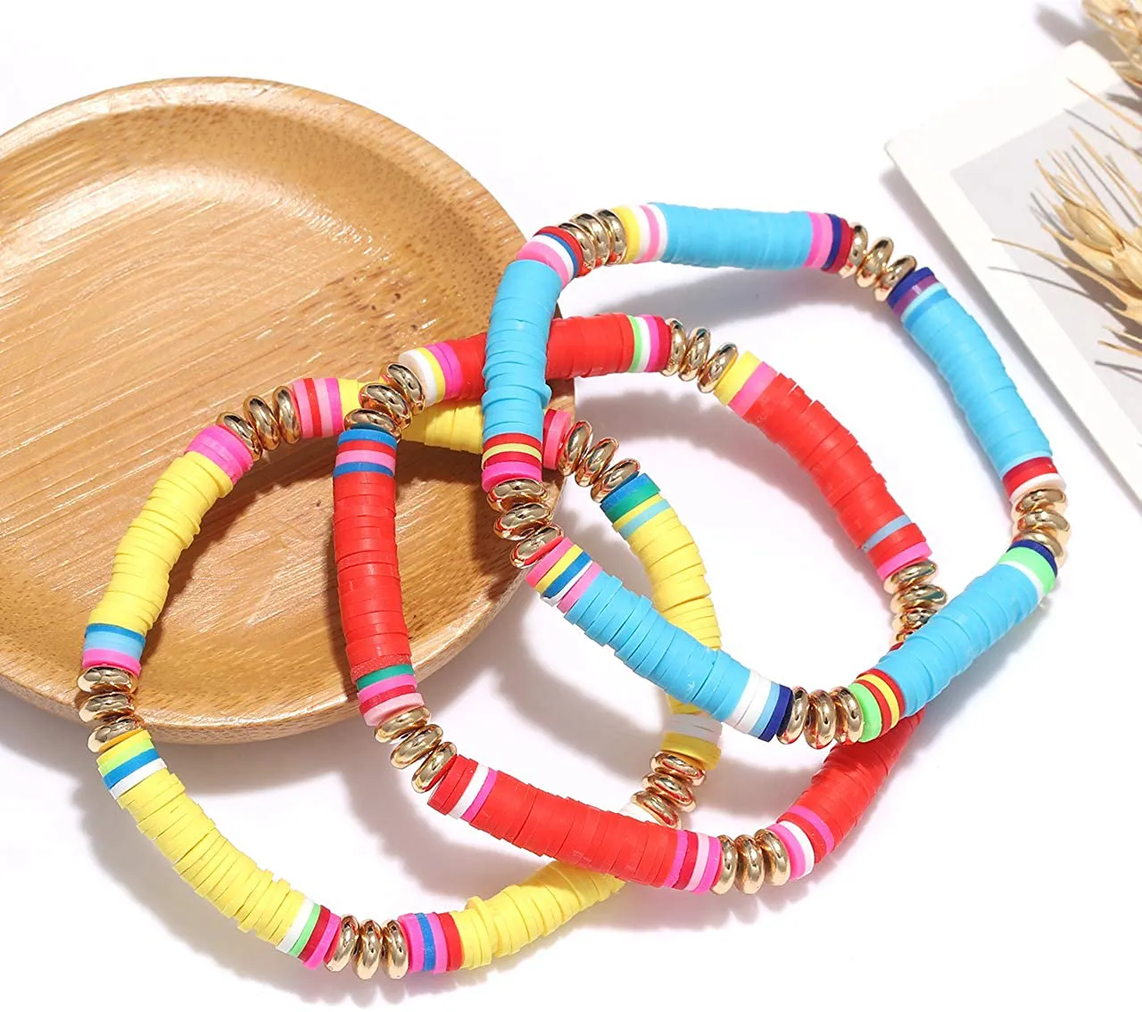 Surfer Heishi Bracelets for Women Stackable Rainbow Vinyl Disc Beaded Stretch Bracelets Elastic Layering Friendship Bracelets Boho Summer Beach Jewelry