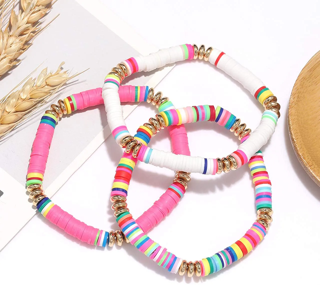 Surfer Heishi Bracelets for Women Stackable Rainbow Vinyl Disc Beaded Stretch Bracelets Elastic Layering Friendship Bracelets Boho Summer Beach Jewelry