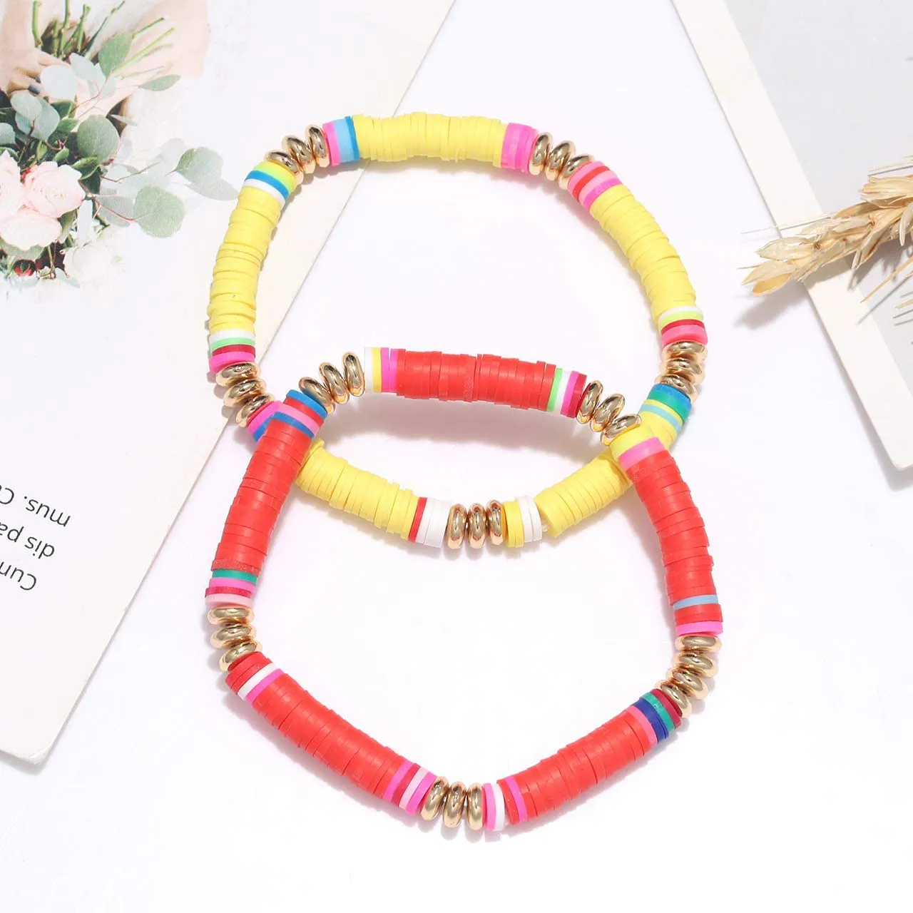 Surfer Heishi Bracelets for Women Stackable Rainbow Vinyl Disc Beaded Stretch Bracelets Elastic Layering Friendship Bracelets Boho Summer Beach Jewelry