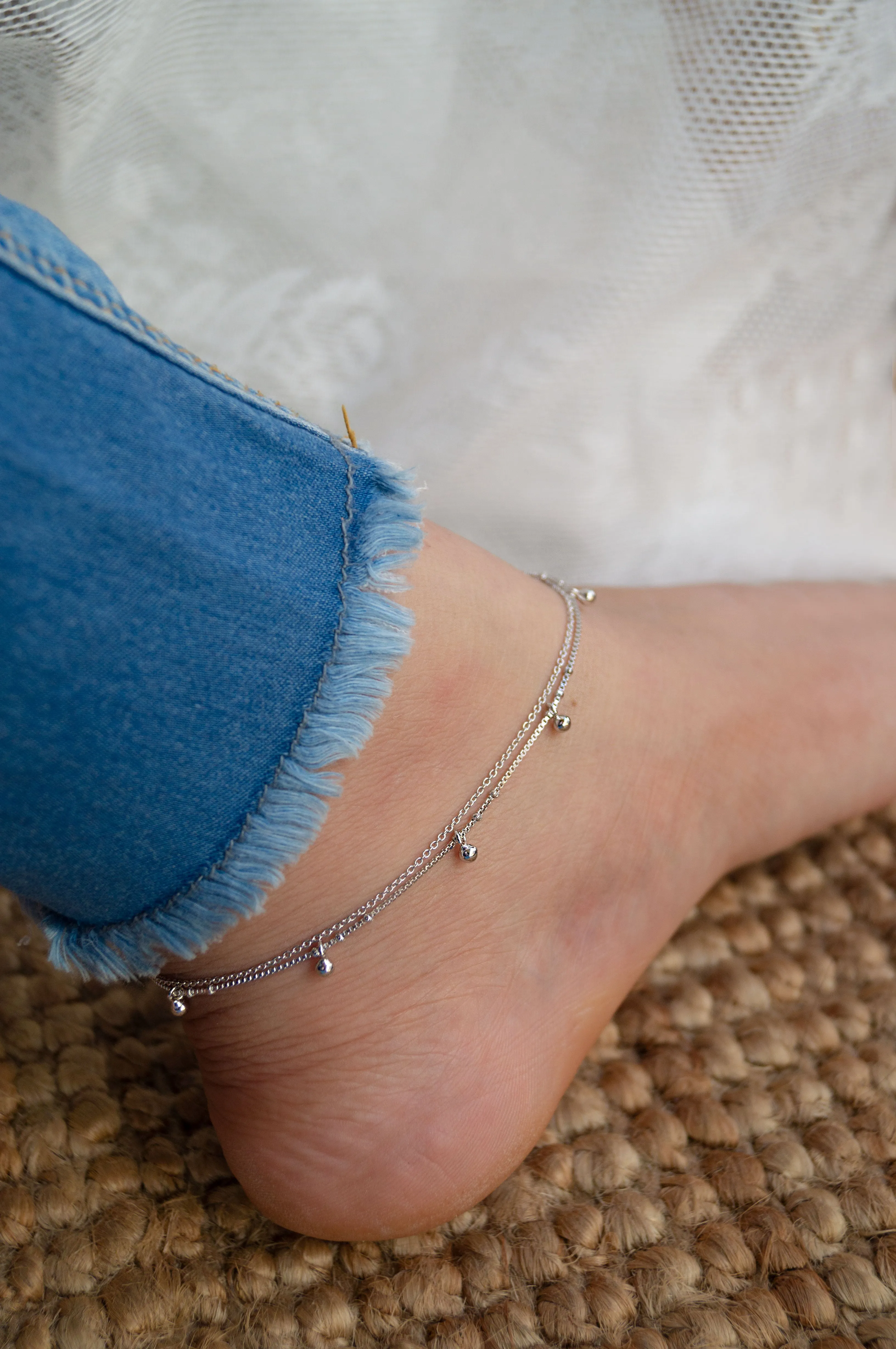 Tiny Little Ball Charms Rose Gold Plated Sterling Silver Anklet