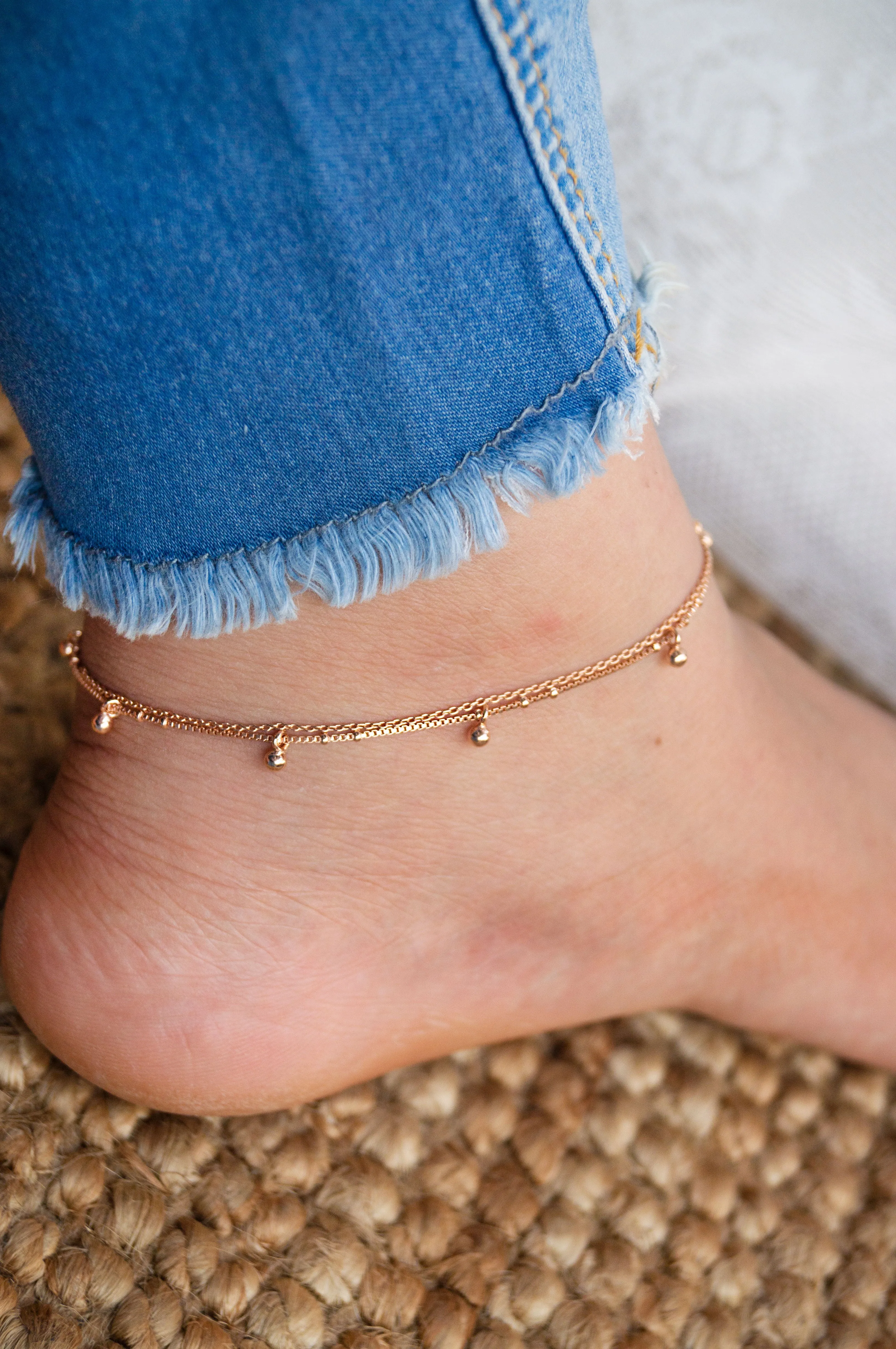 Tiny Little Ball Charms Rose Gold Plated Sterling Silver Anklet