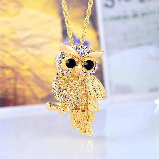 Vintage 18K Gold Rhinestone Filled Cute Owl Necklaces & Pendants For Women Long Necklace