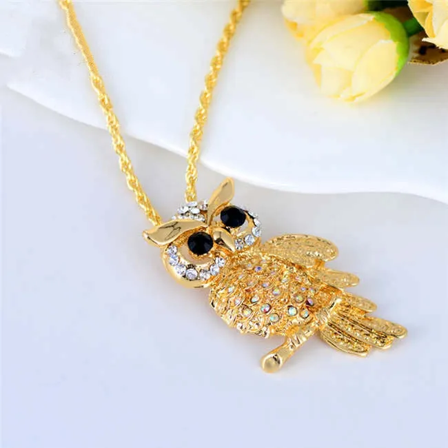 Vintage 18K Gold Rhinestone Filled Cute Owl Necklaces & Pendants For Women Long Necklace