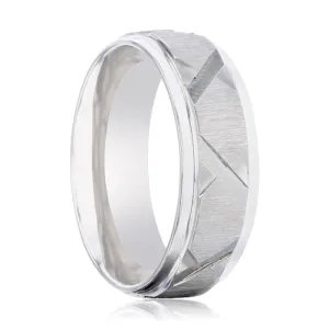 VIRAGE Raised Horizontal Etch and Diagon-Shaped Cuts Centered Titanium Men's Wedding Ring With Polished Step Edges - 8mm