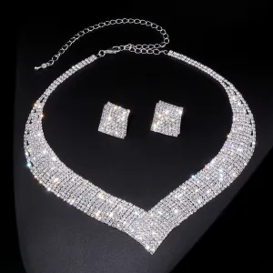 Wedding Jewelry Luxury Clear Geometric Jewelry Set for Bride with Rhinestones