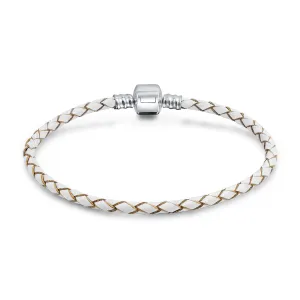 White Weave Braid Leather Strand Bracelet with Sterling Silver Barrel Clasp