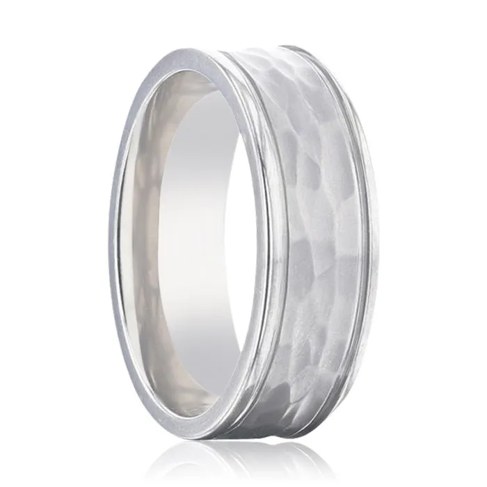 WILLIAM Hammered Finish Center White Titanium Men's Wedding Band With Dual Offset Grooves And Polished Edges - 8mm