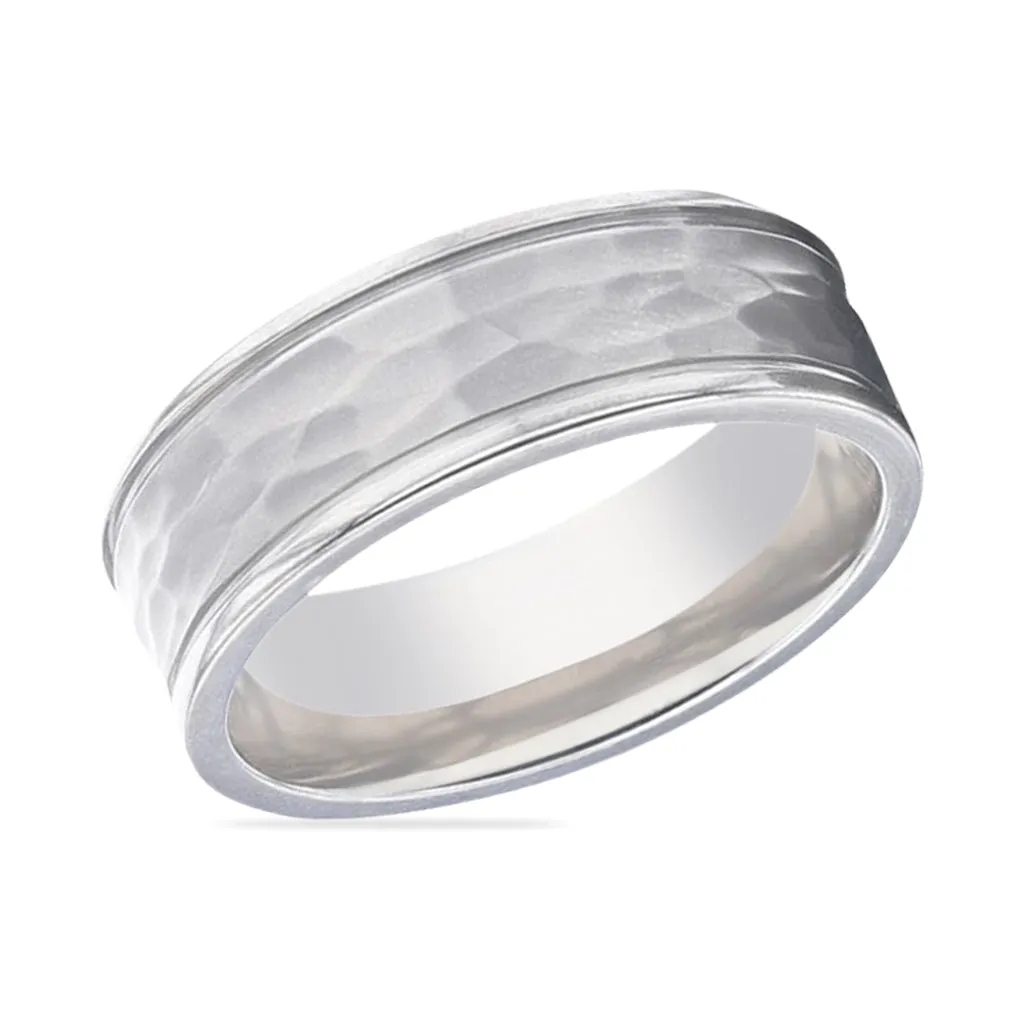 WILLIAM Hammered Finish Center White Titanium Men's Wedding Band With Dual Offset Grooves And Polished Edges - 8mm