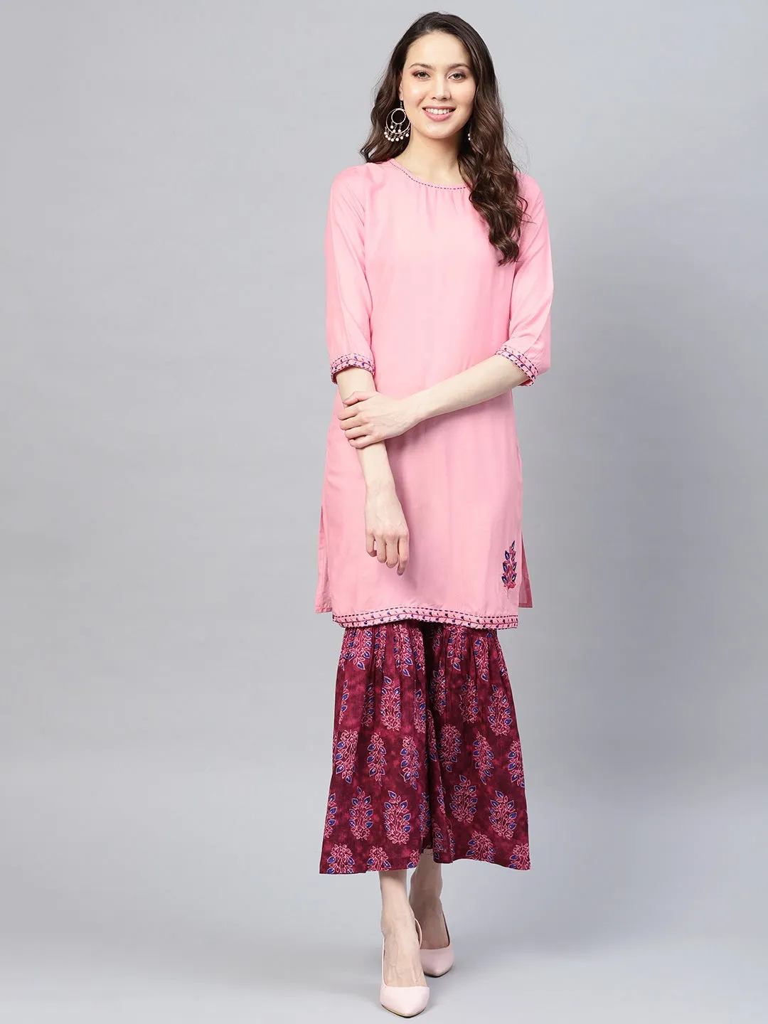 Women Pink & Burgundy Solid Kurta Set