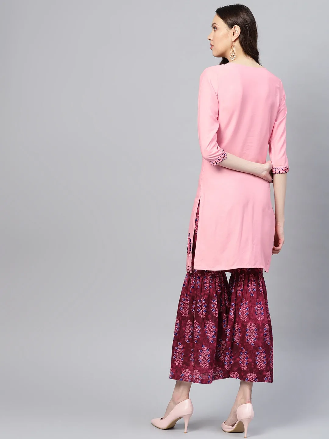 Women Pink & Burgundy Solid Kurta Set