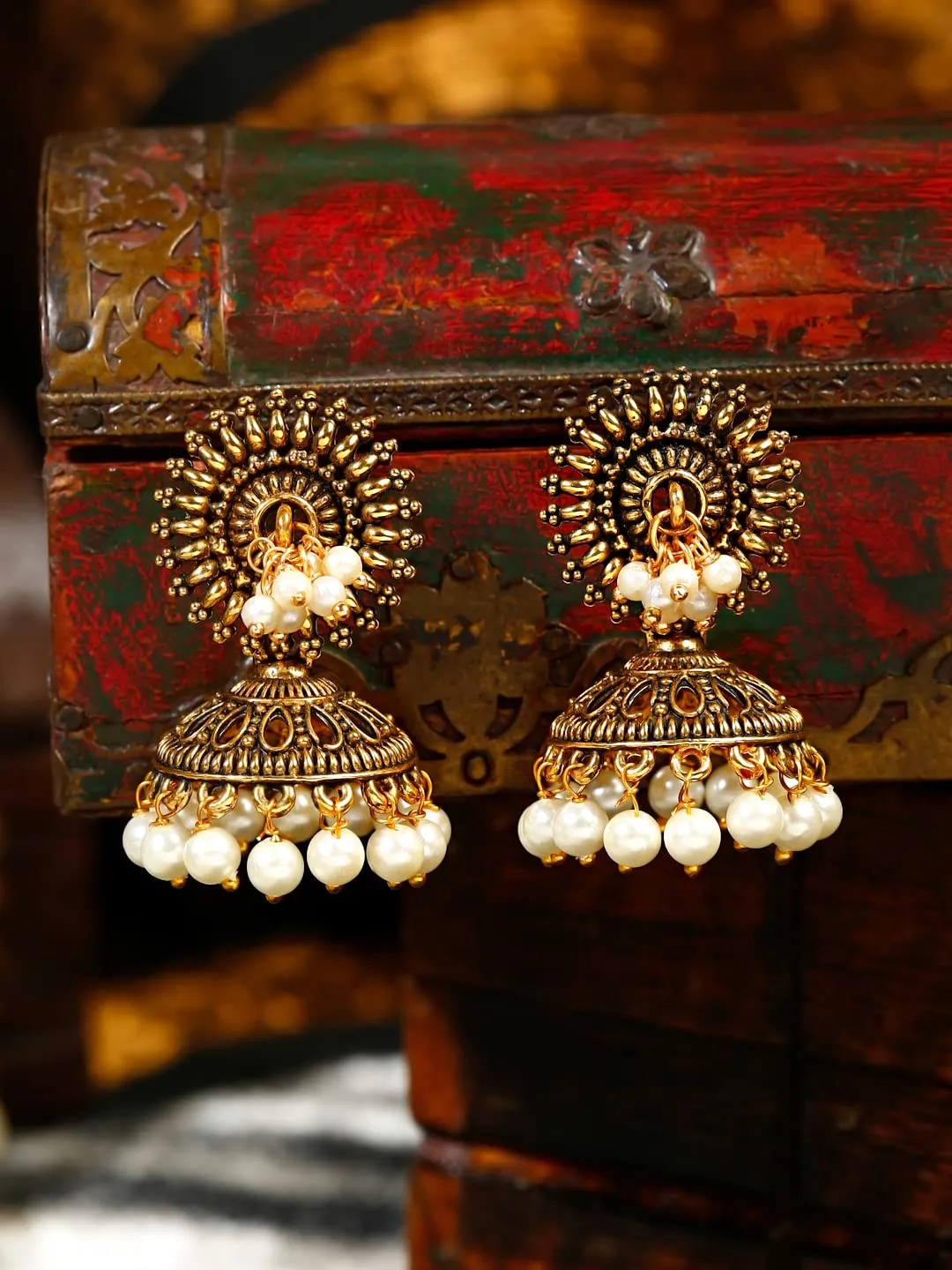 Yellow Chimes Earrings for Women Oxidised Gold Plated Peacock Designed Crystal studded Beads Drop Chandbali Drop Earrings for Women and Girls (ER 5)